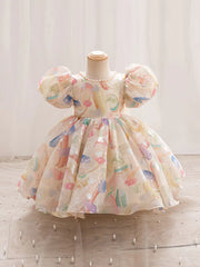 Pearl-Embellished Round Neck Short Sleeve Dress with Ruffled Bubble Cuffs & Bow Waist