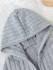 Solid Color Rib-knit Open Front Hooded