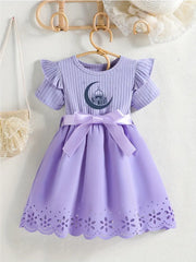 Ruffled Collar Bow Belt & Eyelet Lace Detailing Short Sleeve Dress