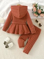 Set: Hooded Long-sleeved Top + Straight Trousers + Belt