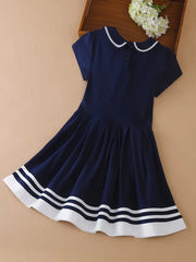 Cotton Splicing Short Sleeve Collar Dress