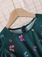 Summer Bubble Sleeve Butterfly Print Pleated Belted Dress