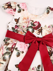 Slim-Fit Bodice & Flared Rose Floral Print Dress with Red Ribbon Belt Skirt