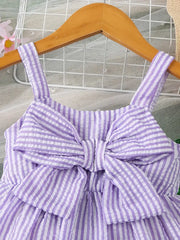 Bow Decor 2pcs Casual Summer Suit Sleeveless Ruffle Top and Ruffle Decorated Shorts