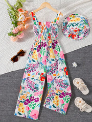 Floral Print Sleeveless Jumpsuit with Matching Beach Hat