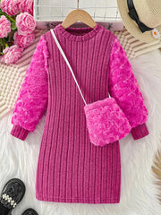 Fuzzy Round Neck Velvet-Textured Ribbed Long Sleeve Dress