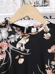 Elegant Floral Print for Lotus Sleeve Mid-Long Dress + Belt