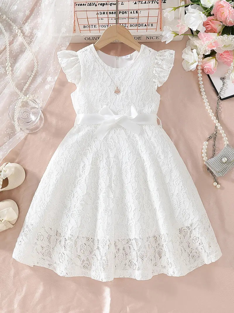 Lace Round Neck Small Flutter Sleeve Zipper Sweet Cute Dress with Belt