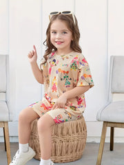 Short Sleeve Outfit for Outdoor Pink Graffiti Print Casual T-Shirt and Shorts Set
