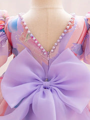 Pearl-Embellished Round Neck Short Sleeve Dress with Ruffled Bubble Cuffs & Bow Waist