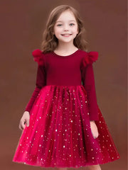 1pc Velvet Long-Sleeve Tutu Dress with Star & Moon Sequin