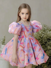 Pearl-Embellished Round Neck Short Sleeve Dress with Ruffled Bubble Cuffs & Bow Waist