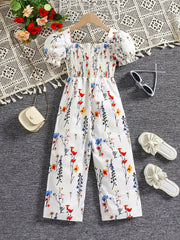 Floral Print Summer Jumpsuit with Puff Sleeves