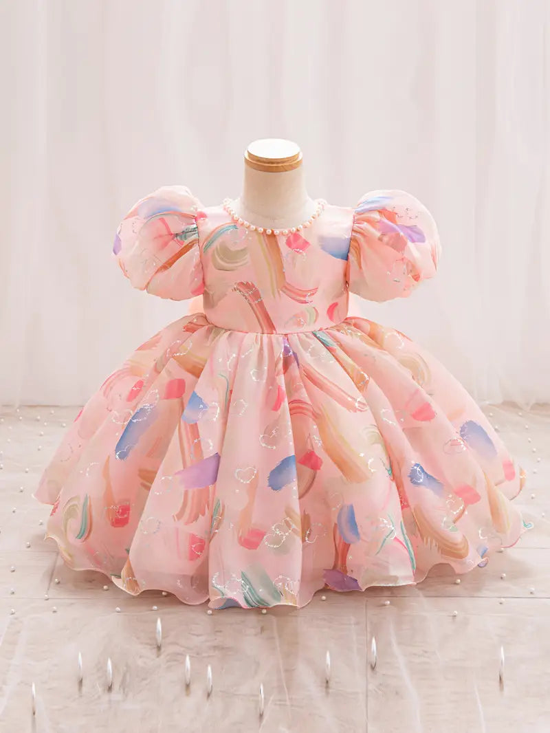 Pearl-Embellished Round Neck Short Sleeve Dress with Ruffled Bubble Cuffs & Bow Waist
