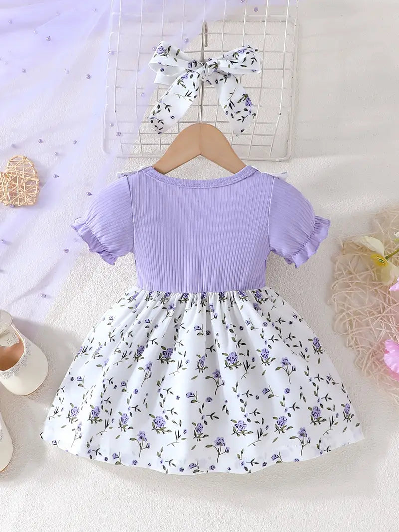 Short Sleeve Round Neck Summer Floral Dress with Bow Detail