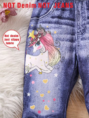 Casual Bows & Unicorn Pattern Imitation Denim Pants