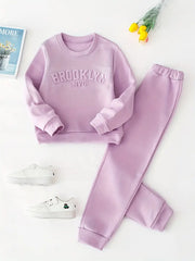 1 Set Embossed Long-Sleeve Sweatshirt Top + Casual Pants