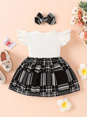 2pcs Splicing Suspender Dress Fly Sleeve Bow Plaid Dress & Headband Set