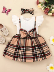 2pcs Splicing Suspender Dress Fly Sleeve Bow Plaid Dress & Headband Set