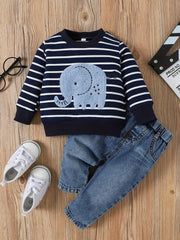2pcs Striped Elephant Pattern Long Sleeve Top & Denim Trousers Set
