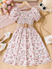 Floral Summer Dress with Puff Sleeves and Belt