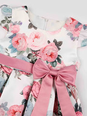 Slim-Fit Bodice & Flared Rose Floral Print Dress with Red Ribbon Belt Skirt