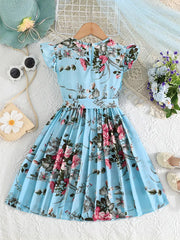Summer Floral Print Sleeveless Pleated Dress with Belt
