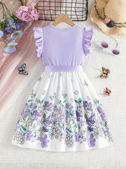 Flower Graphic Flutter Trim Sleeveless Dress With Bow