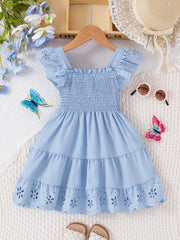 Girls Comfy Solid Ruffle Sleeve Square Neck Dress