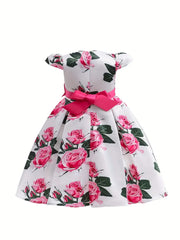 Slim-Fit Bodice & Flared Rose Floral Print Dress with Red Ribbon Belt Skirt