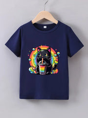 Casual Crew Neck Short Sleeve "Rainbow Black Cat" Print T-Shirt