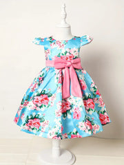 Slim-Fit Bodice & Flared Rose Floral Print Dress with Red Ribbon Belt Skirt