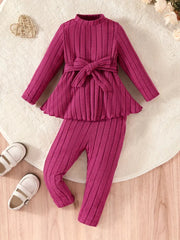 2pcs Long Sleeve Pit Strip Belt Bow Casual & Cute Sweatshirt Top + Pants