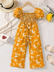 Floral Print Summer Jumpsuit with Puff Sleeves