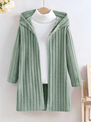 Solid Color Rib-knit Open Front Hooded