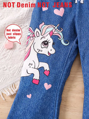 Unicorn Imitation Denim Digital Print Flared Pants