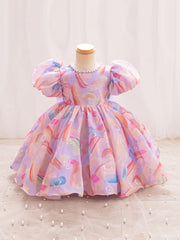 Pearl-Embellished Round Neck Short Sleeve Dress with Ruffled Bubble Cuffs & Bow Waist
