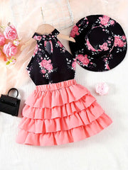 Floral Galter Top & Layered Hem Skirt & Hat