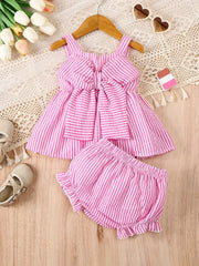 2pcs Charming Striped Bubble Cami Top with Bow & Ruffled Shorts Summer Outfit Set