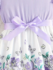 Flower Graphic Flutter Trim Sleeveless Dress With Bow