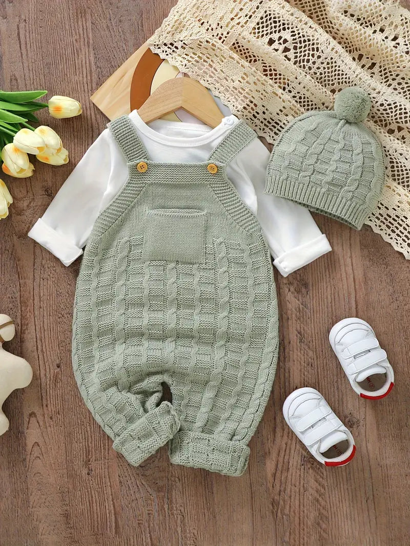 2pcs  Acrylic Knit Crew Neck Jumpsuit Set, with Leggings and Matching Hat