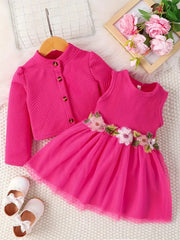 Casual Floral Dress with Long Sleeve Jacket Skirt Set