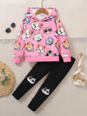 Two-piece Cute Cat Print Hooded Long Sleeve Top & Long Pants