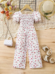 Floral Print Summer Jumpsuit with Puff Sleeves