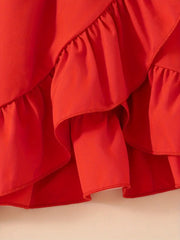 Solid Color Polyester Knee-Length Casual Dress Sleeveless V-Neck Dress with Ruffle Detail and Belt