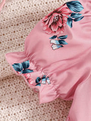 Summer Bubble Sleeve Butterfly Print Pleated Belted Dress