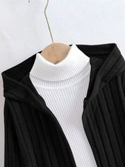 Solid Color Rib-knit Open Front Hooded