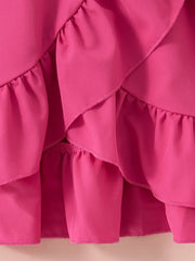 Solid Color Polyester Knee-Length Casual Dress Sleeveless V-Neck Dress with Ruffle Detail and Belt