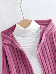 Solid Color Rib-knit Open Front Hooded