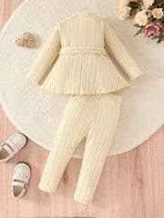 2pcs Long Sleeve Pit Strip Belt Bow Casual & Cute Sweatshirt Top + Pants